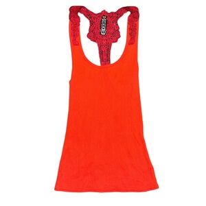 Free People Red-Orange Crochet Lace Racerback- Size Small